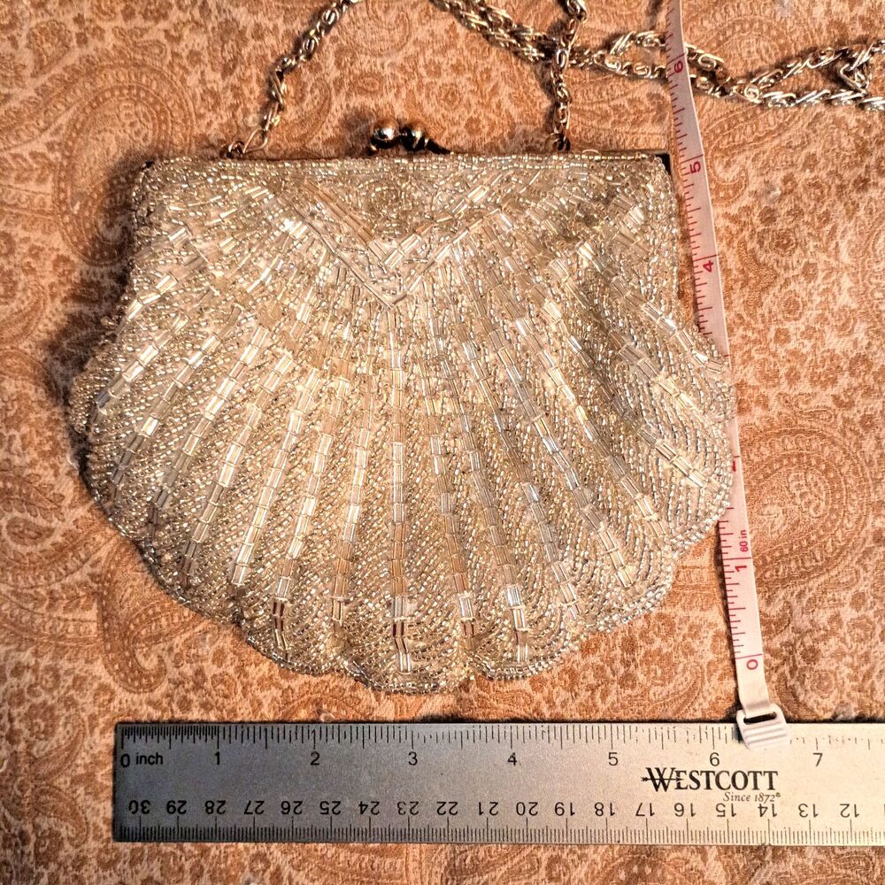 VTG La Regale Beaded Evening Bag Scallop Shell Bridal Purse Art Deco Chain 44"